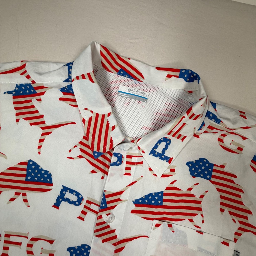 Columbia PFG Mens Large American Flag Fish AOP Fishing Shirt White Red Blue 0341